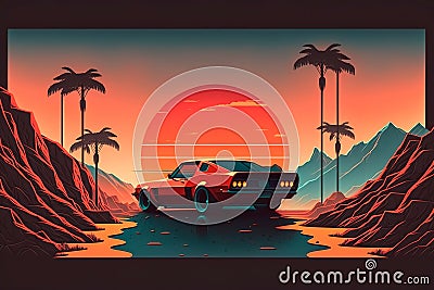 Elegant red sports coupe on the sunset background. Concept of car trip, vacation, rest. Generative AI Stock Photo