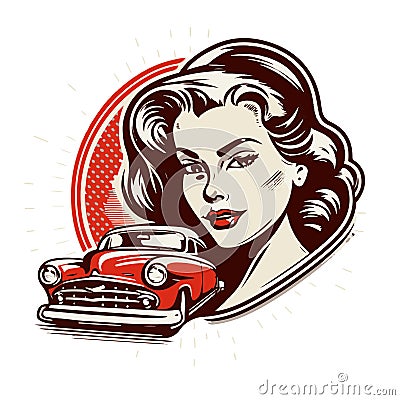 Elegant retro car, a seductive girl and with placeholder for your text, Pin-up style Cartoon Illustration