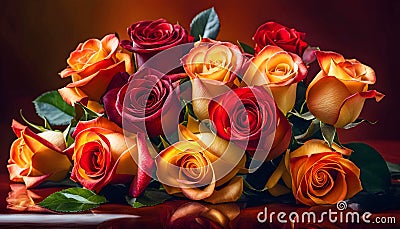 Elegant rich large bouquet of magnificent roses of different colors. Cartoon Illustration
