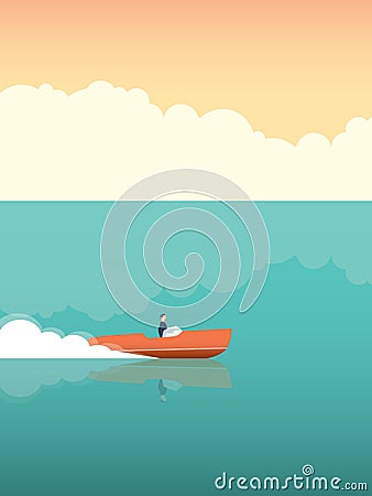 Elegant and rich man riding fast speedboat on the ocean. Vector concept for summer holiday or vacation. Vector Illustration