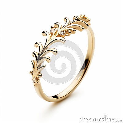 Elegant Rococo-inspired Yellow Gold Leaf Ring Cartoon Illustration