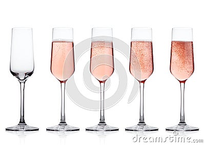 Elegant Rose pink champagne glasses with bubbles Stock Photo
