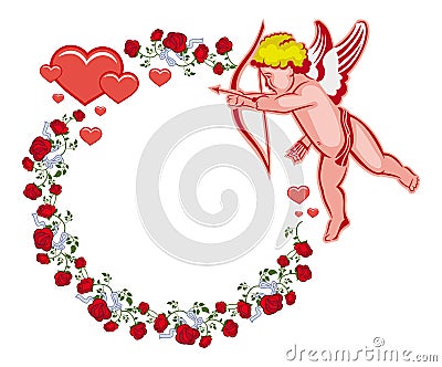 Elegant round frame with Cupid, red roses and hearts. Raster clip art. Stock Photo