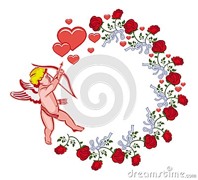 Elegant round frame with Cupid, red roses and hearts. Raster clip art. Stock Photo