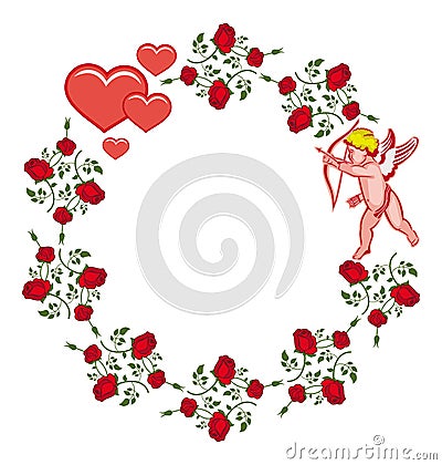 Elegant round frame with Cupid, red roses and hearts. Raster clip art. Stock Photo