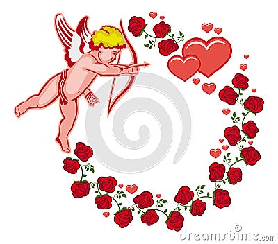 Elegant round frame with Cupid, red roses and hearts. Raster clip art. Stock Photo