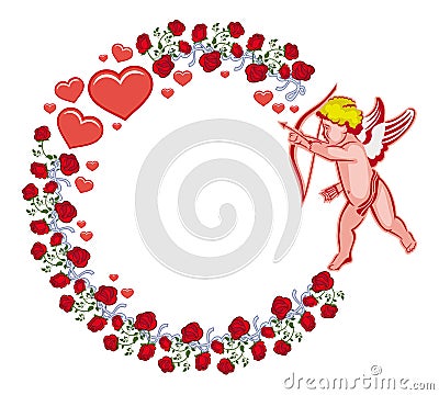 Elegant round frame with Cupid, red roses and hearts. Raster clip art. Stock Photo