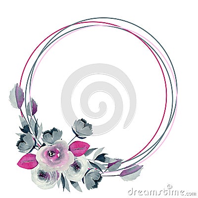 Elegant round frame of watercolor indigo and crimson roses and plants Stock Photo