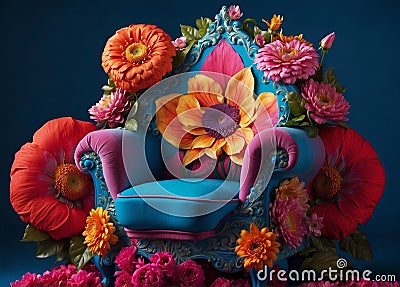 Elegant royal armchair adorned with surreal flowers, creating a luxurious and whimsical atmosphere. Perfect for adding a touch of Stock Photo