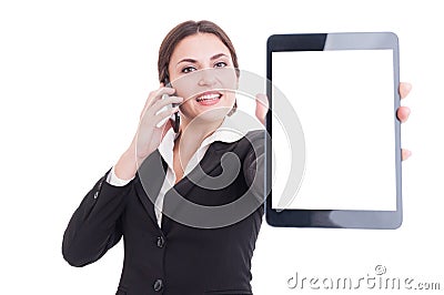 Elegant sales woman showing tablet with blank display Stock Photo