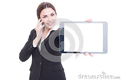 Elegant sales woman showing tablet with blank touchscreen Stock Photo