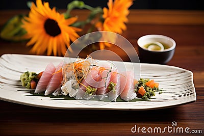 elegant sashimi arrangement with seaweed salad on the side Stock Photo