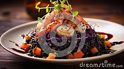 Elegant seafood cuisine - black rice with beautifully cooked shrimp. Stock Photo