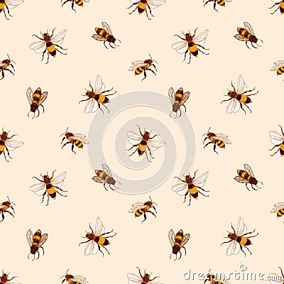 Elegant seamless pattern with honey bees on light background. Apiculture or beekeeping backdrop. Colored hand drawn Vector Illustration