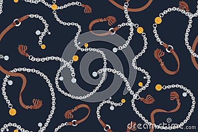 Elegant seamless pattern with stylish silver and golden chain belts decorated by charms and leather tassels on black Vector Illustration