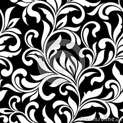 Elegant seamless pattern. Tracery of swirls and decorative leaves on a black background. Vintage style. Vector Illustration