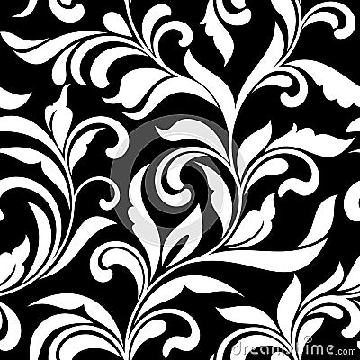 Elegant seamless pattern. Tracery of swirls and decorative leaves on a black background. Vintage style. Vector Illustration