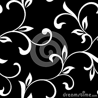 Elegant seamless pattern. Tracery of twisted stalks with decorative leaves on a black background. Vintage style. The pattern can Vector Illustration