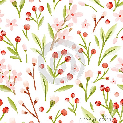 Elegant seamless pattern with translucent tender spring flowers, forest berries, leaves scattered on white background Vector Illustration