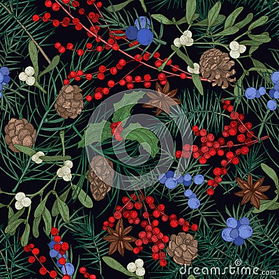 Elegant seamless pattern with winter seasonal plants, coniferous tree branches and cones, berries and leaves on black Vector Illustration