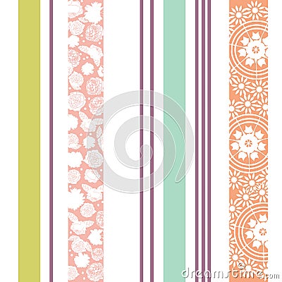 Elegant seamless vertical stripe pattern with flowers, doilies in colorful pastel colors. Stock Photo