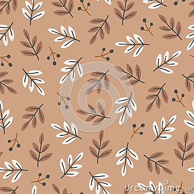 Elegant seasonal seamless pattern with autumn foliage and berries light background. Colorful botanical decorative vector Cartoon Illustration