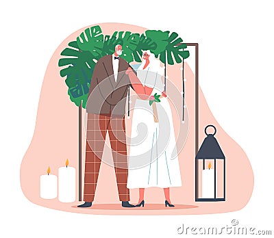 Elegant Senior Couple Wedding Ceremony. Happy Newlywed Characters Man and Woman Get Married, Aged Bride and Groom Vector Illustration