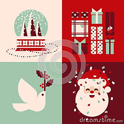 Set of retro Christmas cards with snow globe, holiday gifts, white dove and cute Santa Claus Vector Illustration