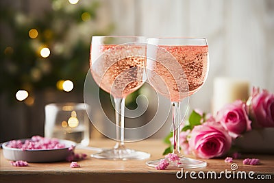 An elegant setting with two champagne glasses, flowers, and a cozy ambiance Stock Photo