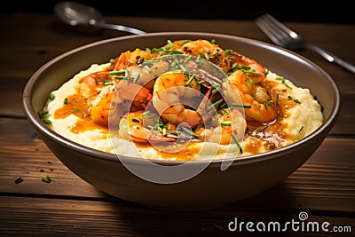 Elegant shrimp and grits, a Southern specialty featuring creamy grits topped with plump Stock Photo