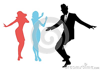 Elegant silhouettes of people wearing clothes of the sixties dancing 60s style Stock Photo