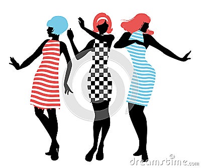 Elegant silhouettes of three girls wearing clothes of the sixties dancing 60s style Stock Photo