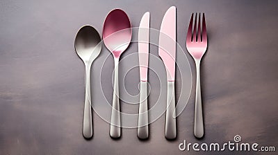 Elegant Silver Cutlery Set with Pink Handles on Grey Background AI Generated Cartoon Illustration