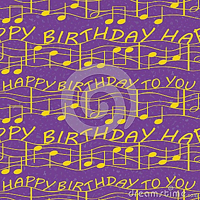 Elegant and simple birthday congratulations with musical notes. Seamless vector pattern in luxurious purple and gold Vector Illustration