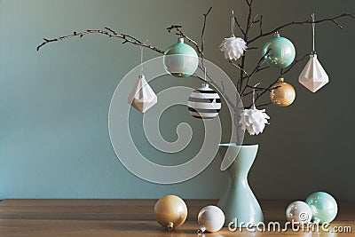 Elegant simple nordic christmas decor in black and turquoise colors Stock Photo