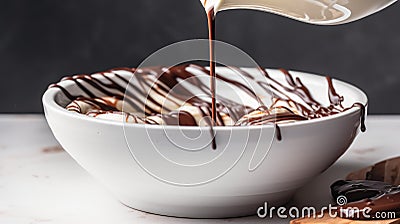 Elegant Simplicity White bowl filled with velvety milk, with a few drops of rich chocolate syrup swirling delicately, creating a Stock Photo