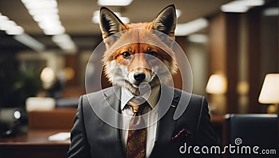 Elegant smart looking fox in business suit in legal firm office, generative ai Cartoon Illustration