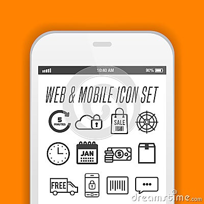 Elegant smartphone with icons, applications. Mobile phone realistic vector design. Vector Illustration