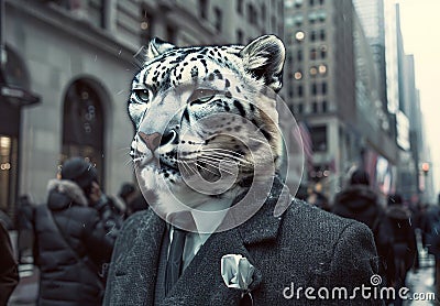 Elegant snow leopard in a suit walking through a bustling city street Stock Photo
