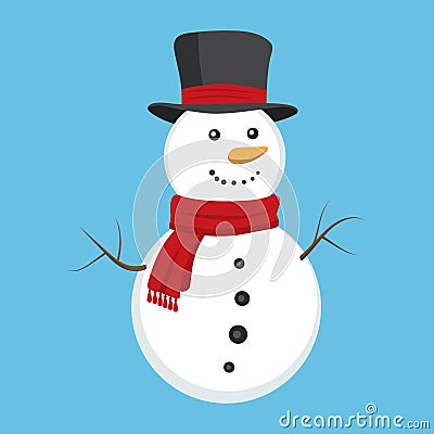 Elegant snowman with cylinder hat and scarf isolated on blue background Vector Illustration