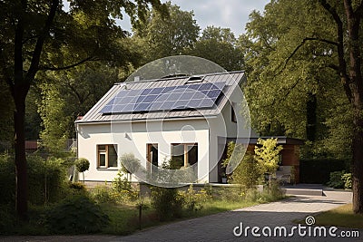 Elegant Solar-Powered Home: Photovoltaic Panels, Tree Shadows & Cobblestone Path Stock Photo