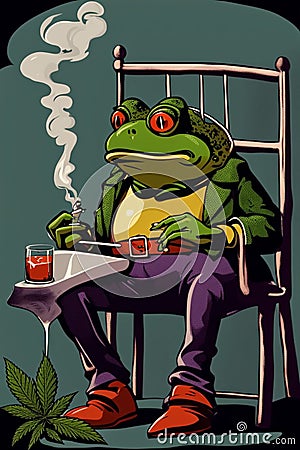 elegant southern cool frog smoking character near a pond at sunset cartoon illustration Cartoon Illustration