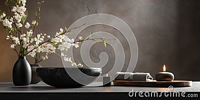 Elegant spa scene with flowers and objects for beauty treatments with natural earth tones, AI generated Stock Photo