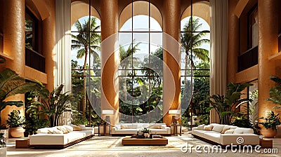 An elegant, spacious interior with large windows and grand columns emphasizing the architectural design's openness Stock Photo