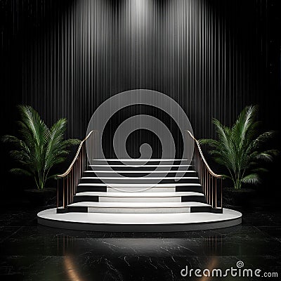 Elegant Staircase with Black and White Steps and Golden Railing. Stock Photo