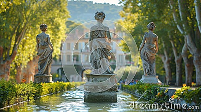 Elegant Statues Adorn Tranquil Tree-Lined Waterway at Sunset Stock Photo