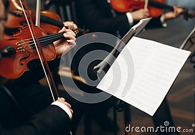 Elegant string quartet performing at wedding reception in restaurant, handsome man in suits playing violin and cello at theatre Stock Photo