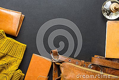 Elegant Stylish Luxury Female Women Accessories Yellow Leather Bag Wallet Knitted Sweater Perfume Notebook Flat Lay Still Life. Stock Photo