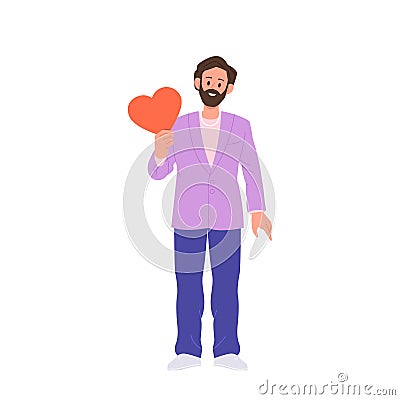 Elegant stylish man cartoon character in trendy outfit falling in love holding heart in hand Vector Illustration