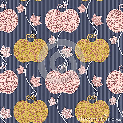 Elegant stylized apple and leaf seamless vector pattern background.Vintage stencil style gold pink apples and leaves on Vector Illustration